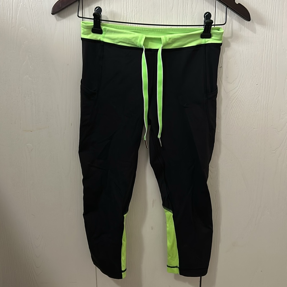 lululemon Black & Fluorescent Yellow Cropped Exercise Pants